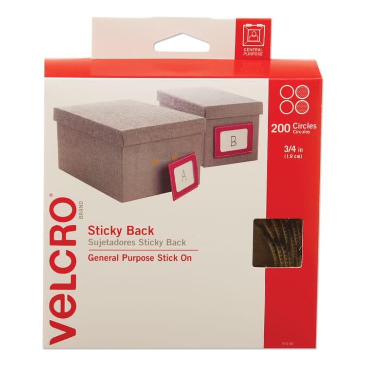 VELCRO USA, . Sticky-Back Fasteners with Dispenser Box, Removable Adhesive, 0.75" dia, Beige, 200/Roll (VEK90140)