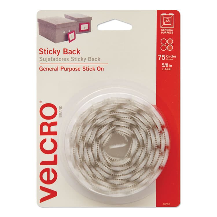 VELCRO USA, . Sticky-Back Fasteners, Removable Adhesive, 0.63" dia, White, 75/Pack (VEK90090)