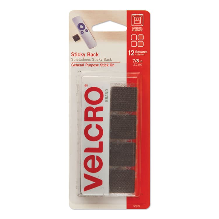 VELCRO USA, . Sticky-Back Fasteners, Removable Adhesive, 0.88" x 0.88", Black, 12/Pack (VEK90072)