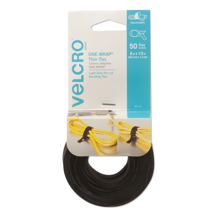 VELCRO USA, . ONE-WRAP Pre-Cut Thin Ties, 0.5" x 8", Black, 50/Pack (VEK95172)