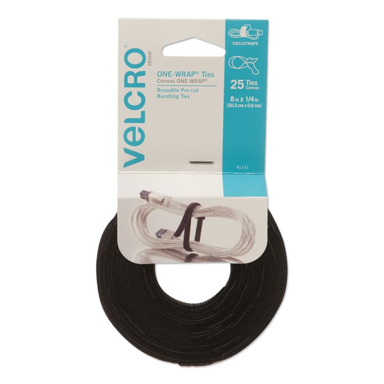 VELCRO USA, . ONE-WRAP Pre-Cut Thin Ties, 0.25" x 8", Black, 25/Pack (VEK91141)
