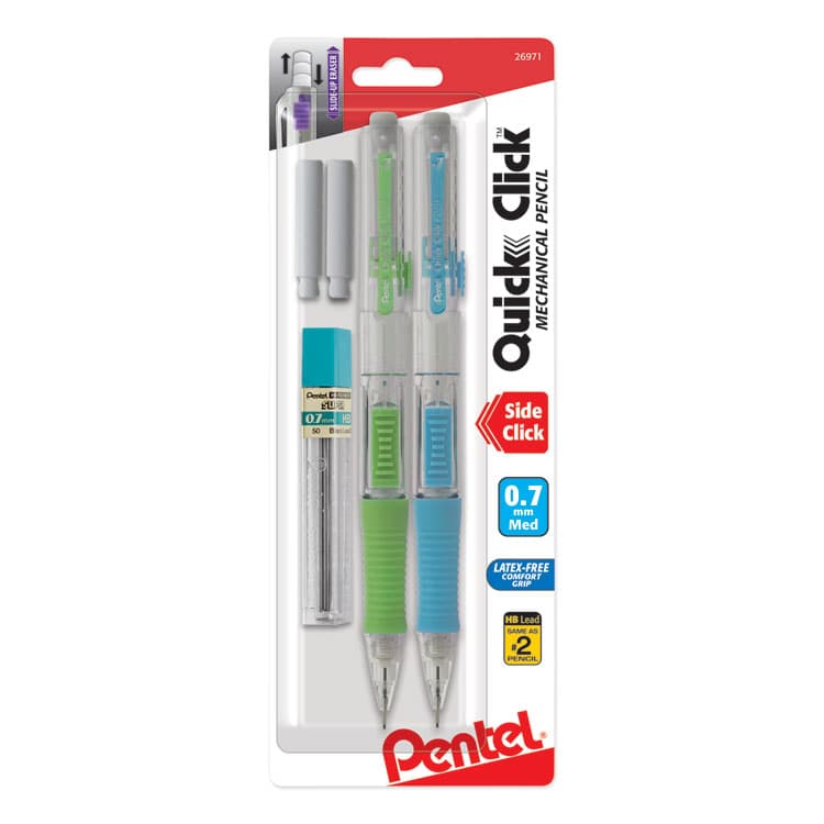 PENTEL OF AMERICA QUICK CLICK Mechanical Pencils with Tube of Lead/Erasers, 0.7 mm, HB (#2), Black Lead, Assorted Barrel Colors, 2/Pack (PENPD217LEBP2)