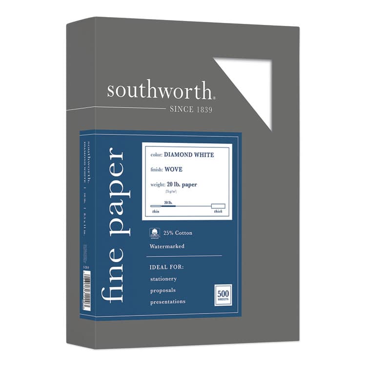 SOUTHWORTH CO. 25% Cotton Diamond White Business Paper, 95 Bright, 20 lb Bond Weight, 8.5 x 11, 500/Ream (SOU3122010)