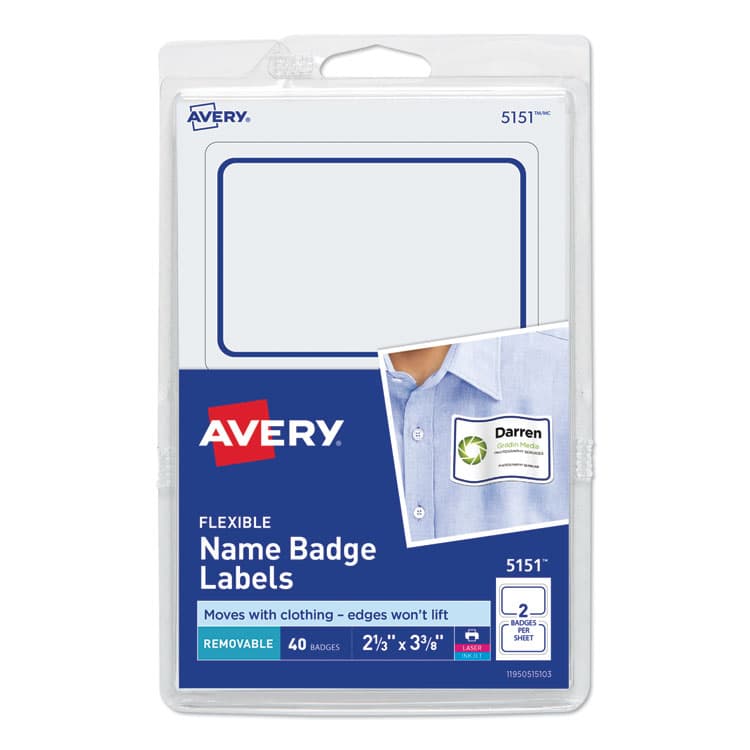 AVERY PRODUCTS CORPORATION Flexible Adhesive Name Badge Labels, 3.38 x 2.33, White/Blue Border, 40/Pack (AVE5151)