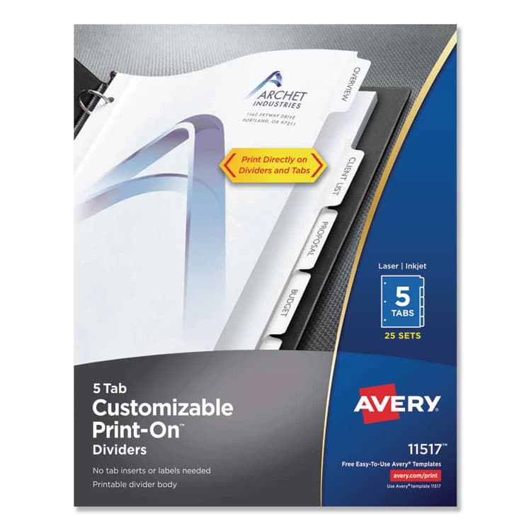 AVERY PRODUCTS CORPORATION Customizable Print-On Dividers, 3-Hole Punched, 5-Tab, 11 x 8.5, White, 25 Sets (AVE11517)