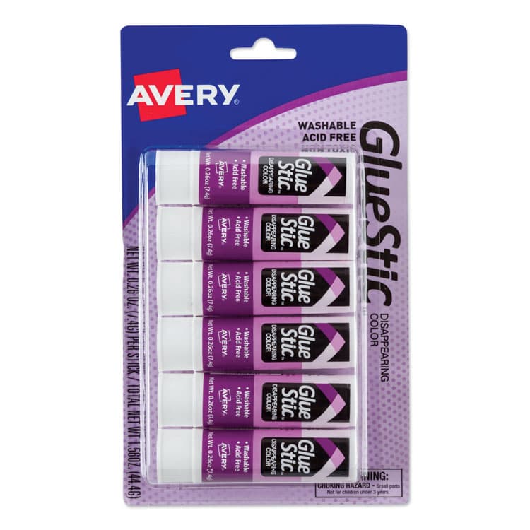 AVERY PRODUCTS CORPORATION Permanent Glue Stic Value Pack, 0.26 oz, Applies Purple, Dries Clear, 6/Pack (AVE98096)