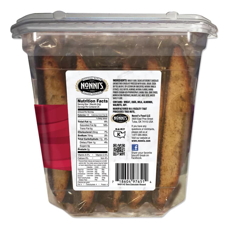 NONNI'S Biscotti, Dark Chocolate Almond, 0.85 oz Individually Wrapped, 25/Pack (NONNSD97651) thumbnail 3