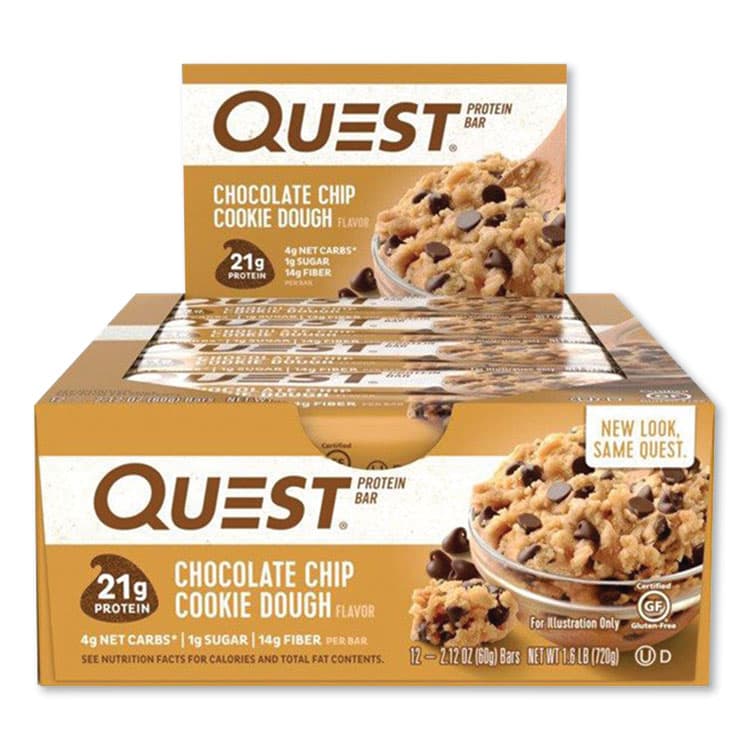 QUEST NUTRITION Protein Bars, Chocolate Chip Cookie Dough, 2.12 oz Bar, 12 Bars/Box (QCC00003)