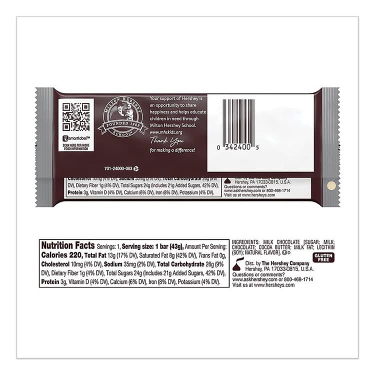 THE HERSHEY COMPANY Chocolate Bars, Milk Chocolate, 55.8 oz, 36/Box (HRS24000BX) thumbnail 3