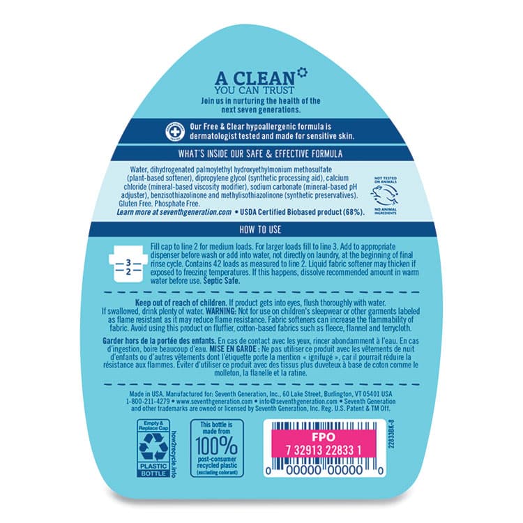 SEVENTH GENERATION Natural Liquid Fabric Softener, Free and Clear, 42 Loads, 32 oz Bottle, 6/Carton (SEV22833) thumbnail 3