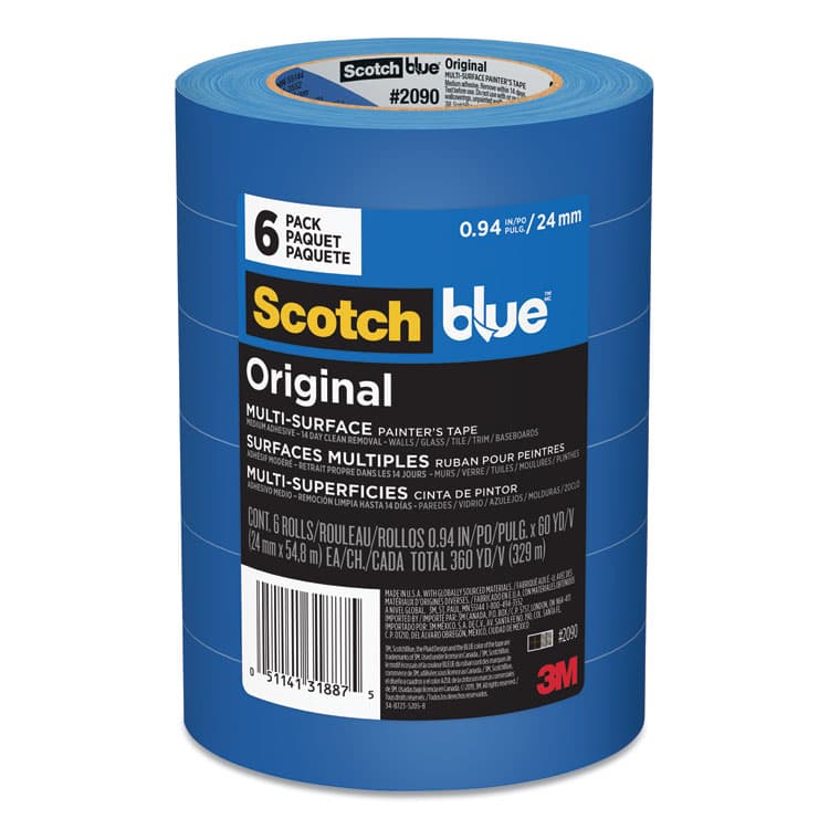 3M/COMMERCIAL TAPE DIV. Original Multi-Surface Painter's Tape, 3" Core, 0.94" x 60 yds, Blue, 6/Pack (MMM209024EVP)