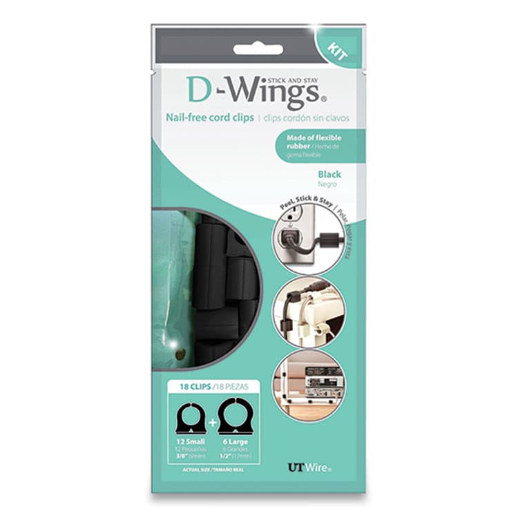 RUBBO INTERNATIONAL D-Wings Nail-Free Cord Clips, 12 Small 0.38", Six Large 0.5", Black, 18/Pack (RBOUTWD18BK)