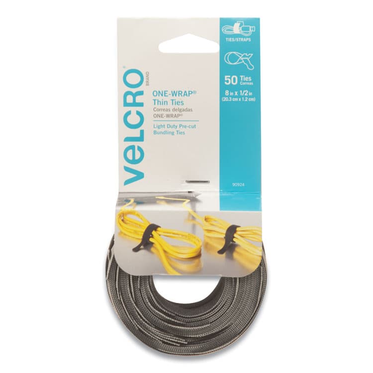 VELCRO USA, . ONE-WRAP Pre-Cut Thin Ties, 0.5" x 8", Black/Gray, 50/Pack (VEK90924)
