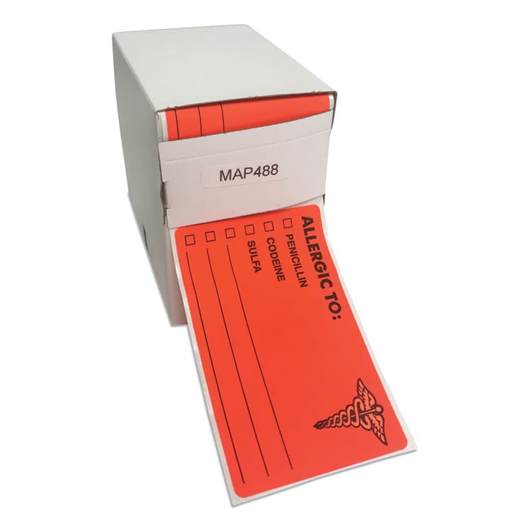 TABBIES Allergy Warning Labels, ALLERGIC TO: PENICILLN, CODEINE, SULFA, 2.5 x 4, Fluorescent Red, 100/Roll (TAB00488) thumbnail 2