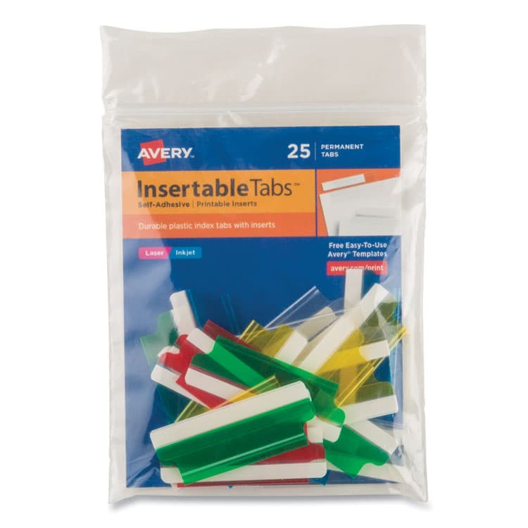AVERY PRODUCTS CORPORATION Insertable Index Tabs with Printable Inserts, 1/5-Cut, Assorted Colors, 2" Wide, 25/Pack (AVE16239)