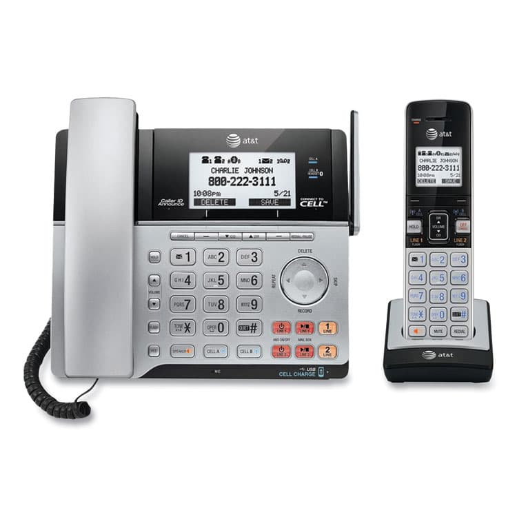 VTECH COMMUNICATIONS Connect to Cell TL86103 Two-Line Corded/Cordless Phone, Corded Base Station and 1 Additional Handset, Black/Silver (ATTTL86103)