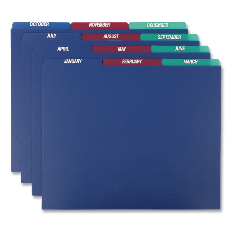 TOPS BUSINESS FORMS Poly Top Tab File Guides, 1/3-Cut Top Tab, January to December, 8.5 x 11, Assorted Colors, 12/Set (PFX40144)