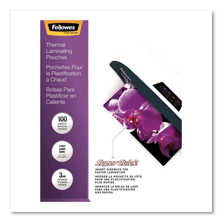 FELLOWES MFG. CO. SuperQuick Thermal Laminating Pouches, 3 mil, 9" x 11.5", Gloss Clear, 100/Pack (FEL5245801)