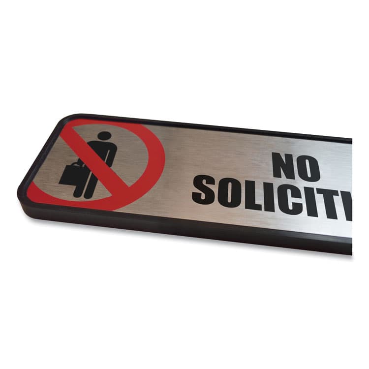 CONSOLIDATED STAMP Brushed Metal Office Sign, No Soliciting, 9 x 3, Silver/Red (COS098208) thumbnail 2