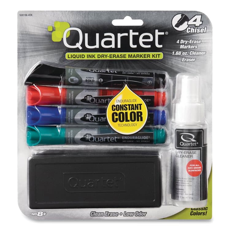 QUARTET MFG. EnduraGlide Dry Erase Marker Kit with Cleaner and Eraser, Broad Chisel Tip, Assorted Colors, 4/Pack (QRT5001M4SK)