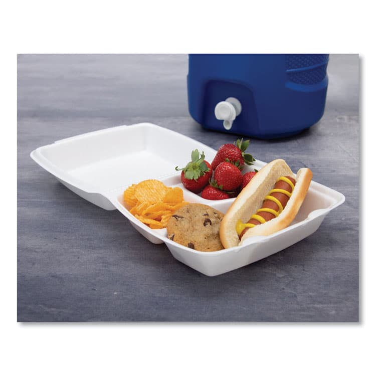 DART Foam Hinged Lid Containers, 3 Compartments, 8.38 x 7.78 x 3.25, 200/Carton (DCC85HT3R) thumbnail 4