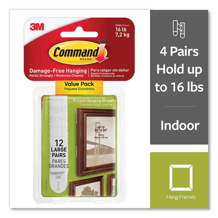 3M/COMMERCIAL TAPE DIV. Damage-Free Hanging Picture Hanging Strip Pairs, Holds Up to 3.75 lb, Large: 0.75" x 3.65", White, 12/Pack (MMM1720612ES) thumbnail 2