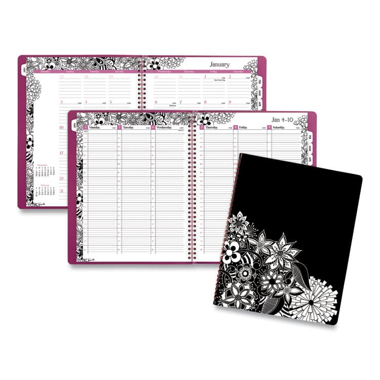 MEAD PRODUCTS Floradoodle Weekly/Monthly Professional Planner, Floral Artwork, 11 x 8.5, Black/White Cover, 12-Month (Jan-Dec): 2026 (AAG589905)