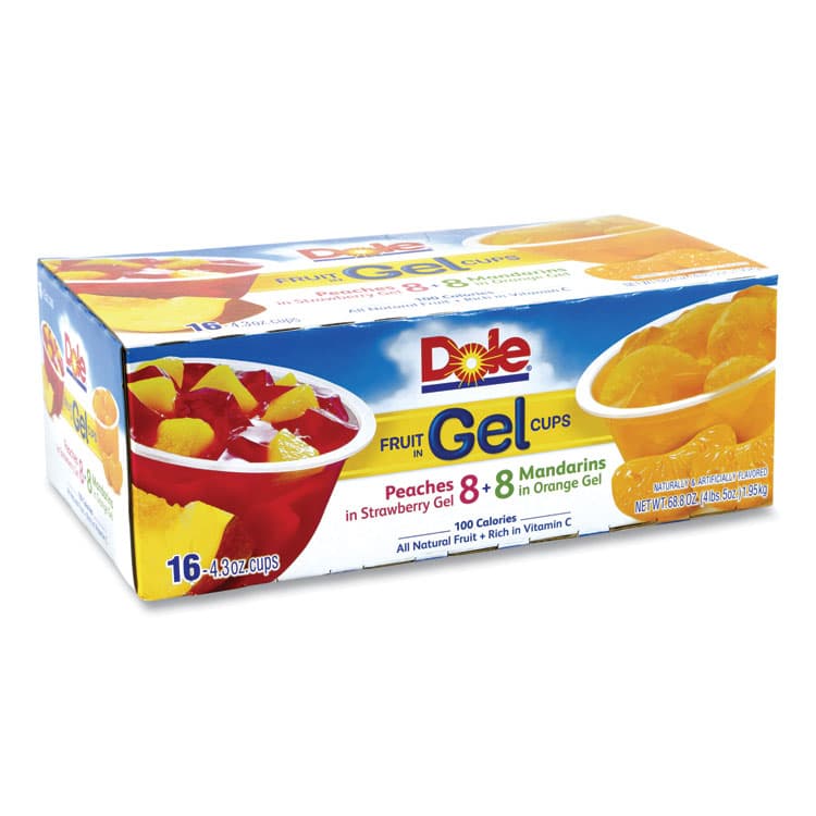 DOLE FOOD CO Fruit in Gel Cups, Mandarins/Orange, Peaches/Strawberry, 4.3 oz Cups, 16 Cups/Carton (GRR22000473)