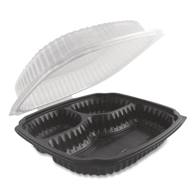 ANCHOR PACKAGING Culinary Lites Microwavable 3-Compartment Container, 20 oz/5 oz/5 oz, 9 x 9 x 3.13, Clear/Black, Plastic, 100/Carton (ANZ4699931)