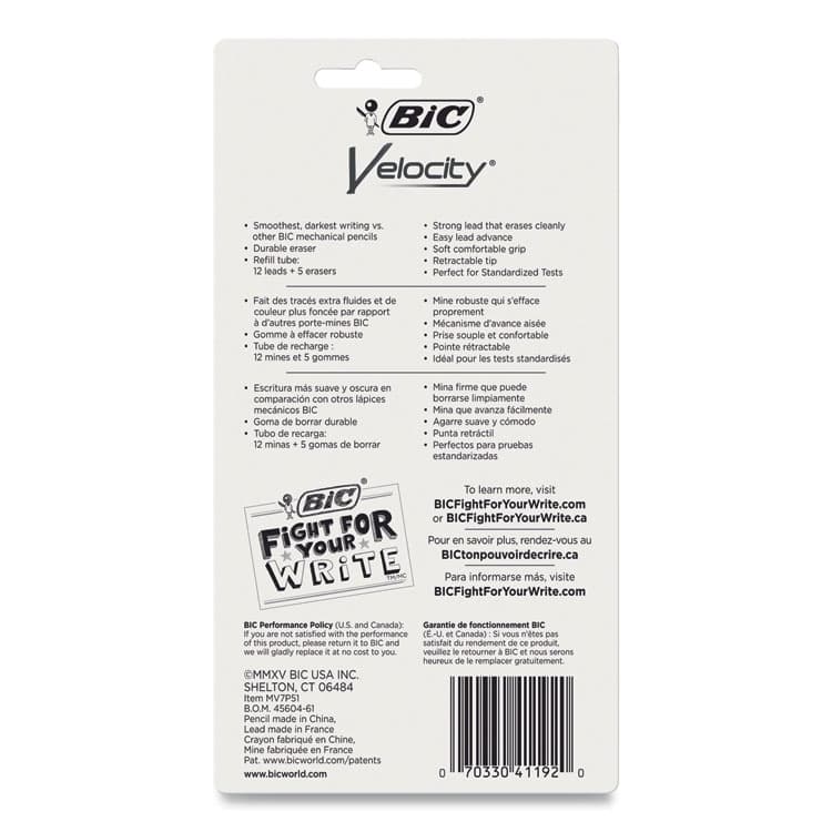 BIC CORP. Velocity Original Mechanical Pencil, 0.7 mm, HB (#2), Black Lead, Assorted Barrel Colors, 5/Pack (BIC41192) thumbnail 3