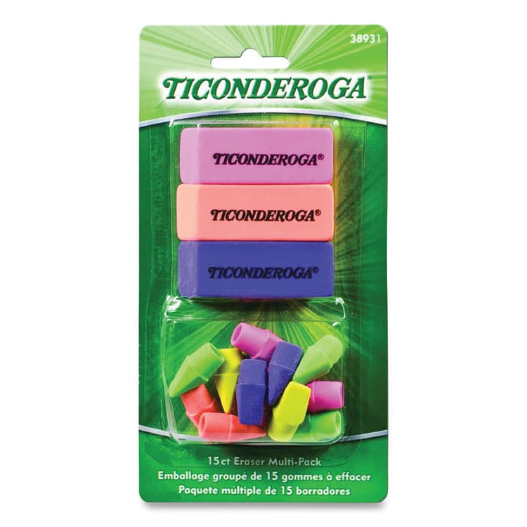 DIXON TICONDEROGA CO. Neon Eraser Multipack, For Pencil Marks, (12) End-Cap Erasers, (3) Block Erasers, Assorted Colors (DIX38931)