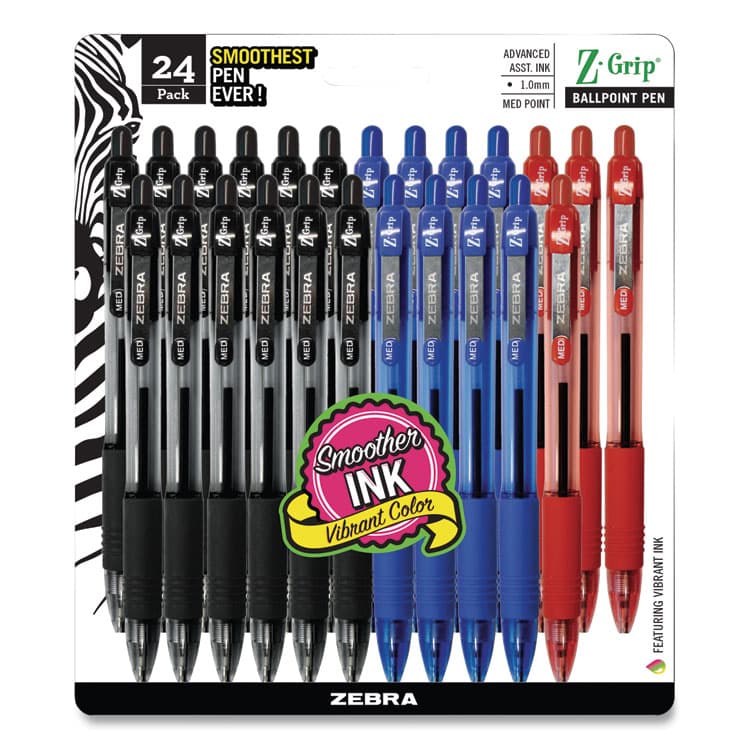 ZEBRA PEN CORP. Z-Grip Ballpoint Pen, Retractable, Medium 1 mm, Assorted Ink and Barrel Colors, 24/Pack (ZEB12224)