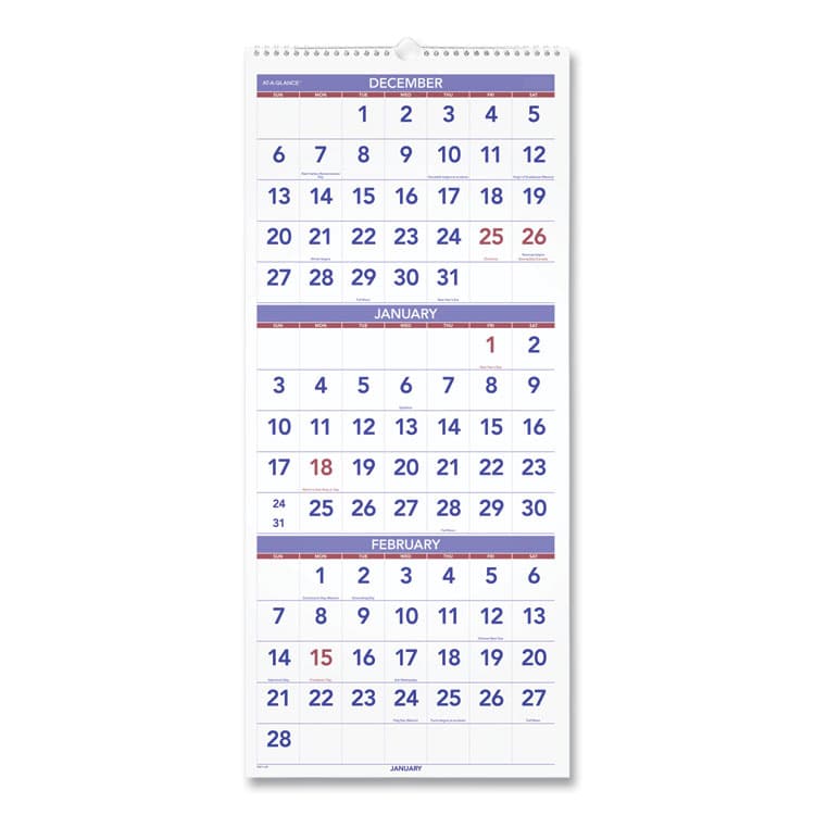 AT-A-GLANCE Deluxe Three-Month Reference Wall Calendar, Vertical Orientation, 12 x 27, White Sheets, 14-Month: Dec 2025 to Jan 2027 (AAGPM1128)