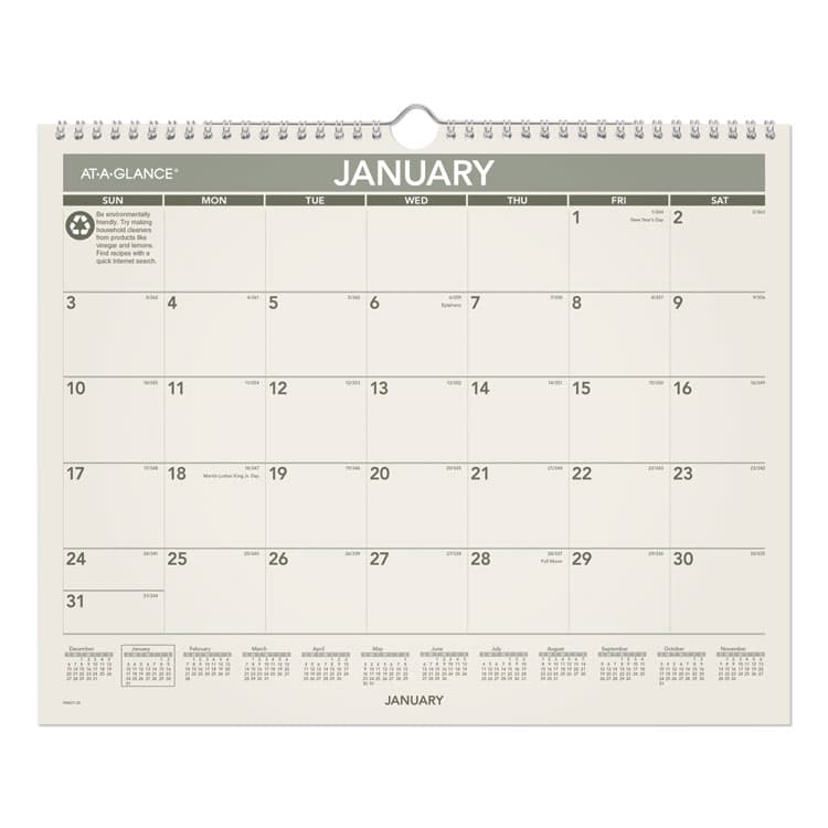 AT-A-GLANCE Recycled Wall Calendar, Unruled Blocks, 15 x 12, Sand/Green Sheets, 12-Month (Jan to Dec): 2026 (AAGPMG7728)