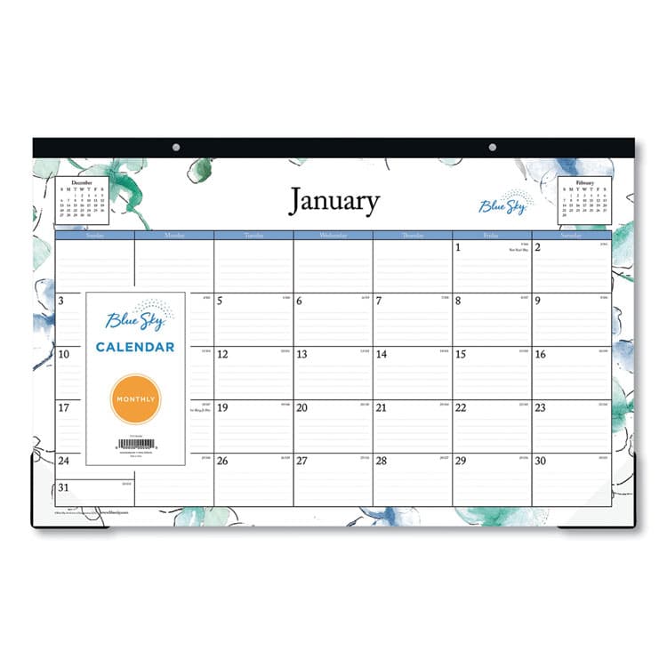 BLUE SKY Lindley Desk Pad, Floral Artwork, 17 x 11, White/Blue/Green Sheets, Black Binding, Clear Corners, 12-Month (Jan to Dec): 2026 (BLS100024)