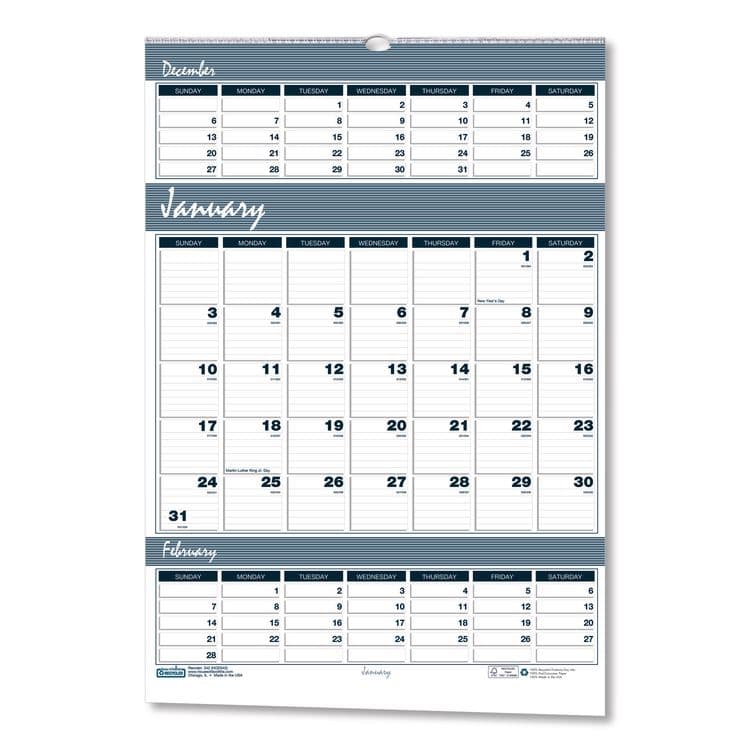 HOUSE OF DOOLITTLE Bar Harbor Recycled Wirebound 3-Months-per-Page Wall Calendar, 15.5 x 22, White/Blue/Gray, 14-Month: Dec 2025 to Jan 2027 (HOD343)