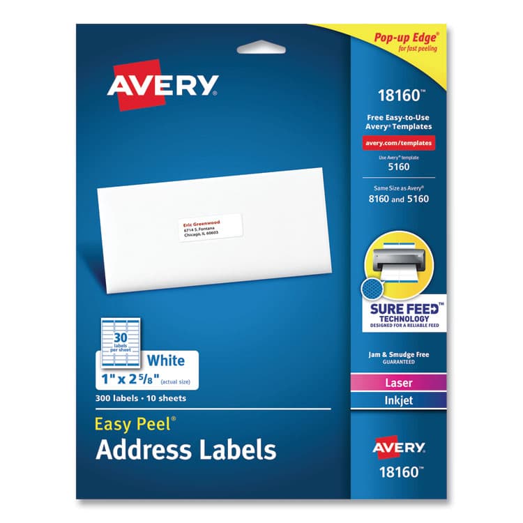 AVERY PRODUCTS CORPORATION Easy Peel White Address Labels with Sure Feed Technology, Inkjet Printers, 1 x 2.63, White, 30/Sheet, 10 Sheets/Pack (AVE18160)