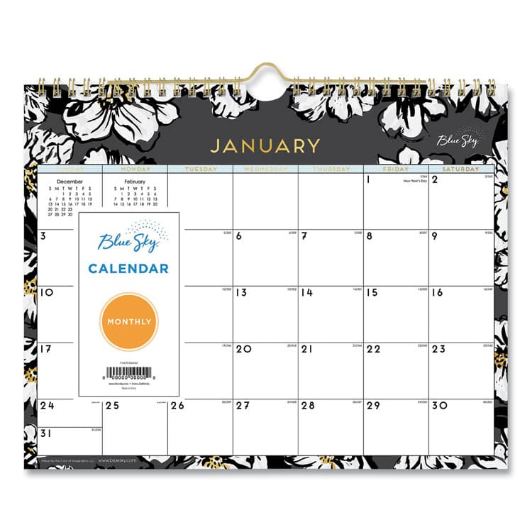 BLUE SKY Baccara Dark Wall Calendar, Floral Artwork, 11 x 8.75, White/Black/Gold Sheets, 12-Month (Jan to Dec): 2026 (BLS116052)