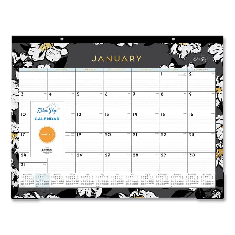 BLUE SKY Baccara Dark Desk Pad, Floral Artwork, 22 x 17, White/Black/Gold Sheets, Black Binding, 12-Month (Jan to Dec): 2026 (BLS110215)