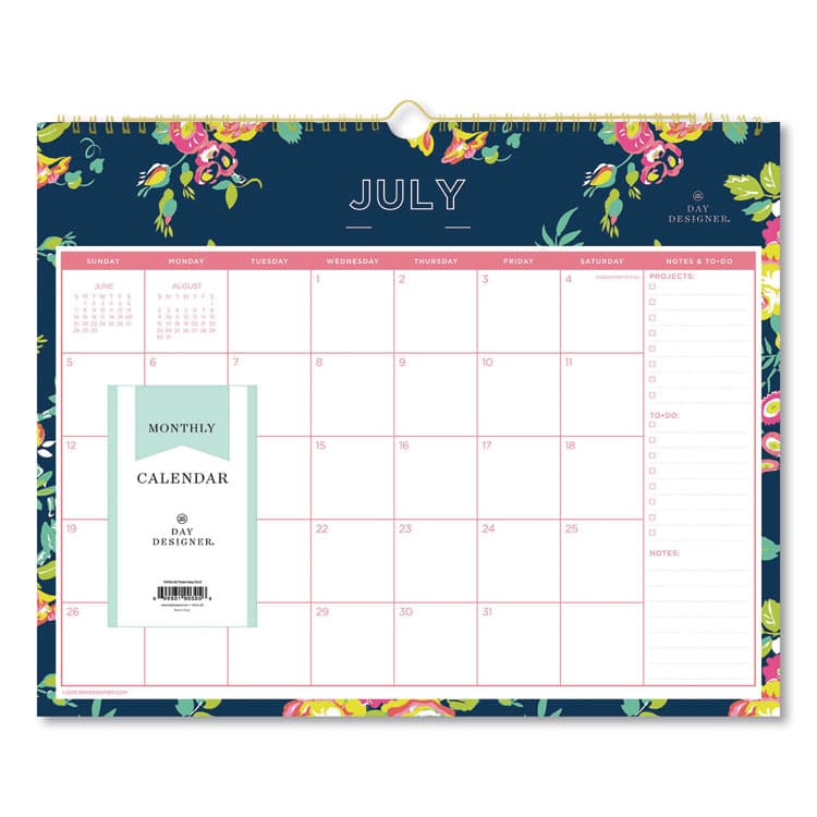 BLUE SKY Day Designer Peyton Academic Wall Calendar, Floral Artwork, 15 x 12, White/Navy Sheets, 12-Month (July to June): 2025 to 2026 (BLS107934)