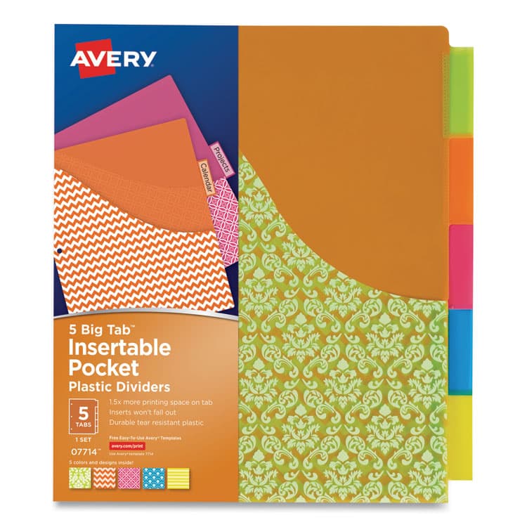 AVERY PRODUCTS CORPORATION Big Tab Insertable One-Pocket Plastic Dividers, 5-Tab, 11.13 x 9.25, Assorted, 1 Set (AVE07714)
