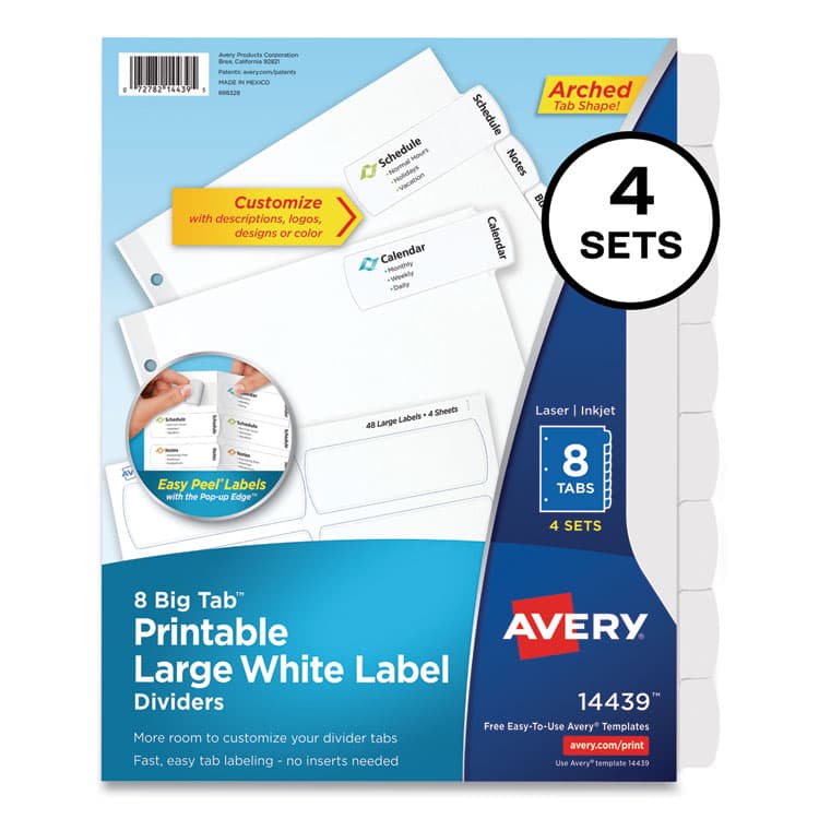 AVERY PRODUCTS CORPORATION Big Tab Printable Large White Label Tab Dividers, 8-Tab, 11 x 8.5, White, 4 Sets (AVE14439)