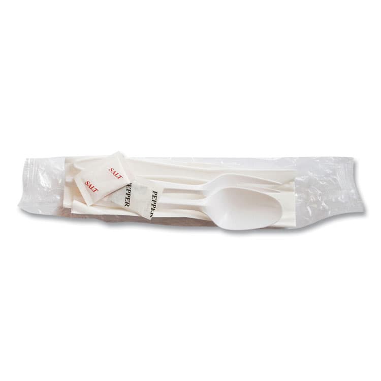 BERK ENTERPRISES Mediumweight Cutlery Kit, Fork/Knife/Napkin/Pepper/Salt/Spoon, Plastic, White, 250/Carton (BSQ1171241) thumbnail 3