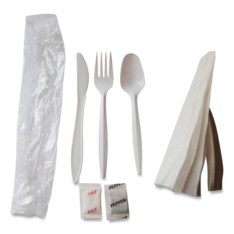 BERK ENTERPRISES Mediumweight Cutlery Kit, Fork/Knife/Napkin/Pepper/Salt/Spoon, Plastic, White, 250/Carton (BSQ1171241) thumbnail 2
