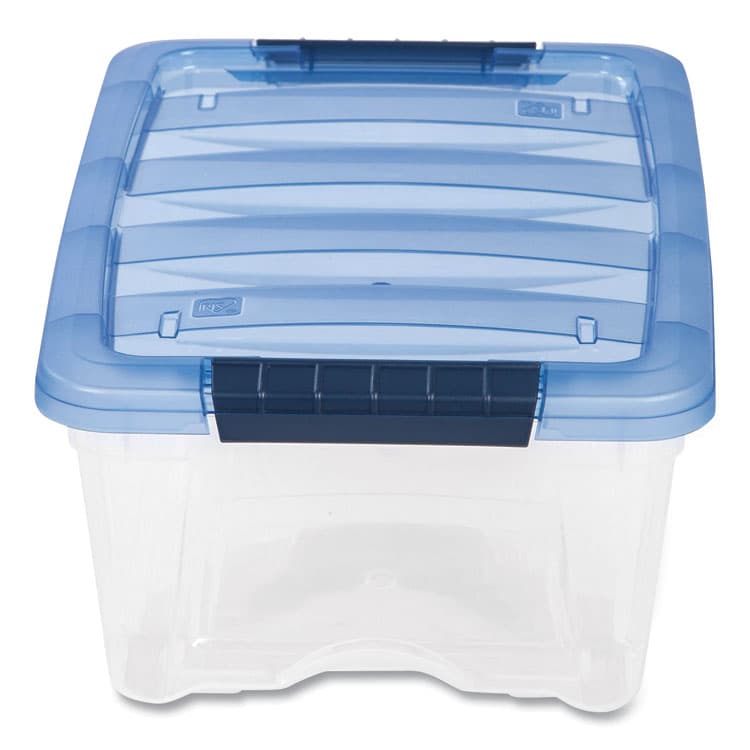 IRIS USA, Stack and Pull Latching Flat Lid Storage Box, 3.23 gal, 10.9" x 16.5" x 6.5", Clear/Translucent Blue (IRS100306)