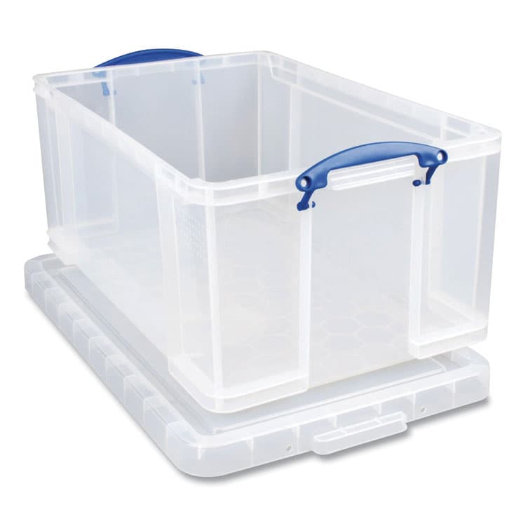 REALLY USEFUL BOXES . Snap-Lid Storage Bin, 16.9 gal, 17.31" x 28" x 12.25", Clear/Blue (RUA64CCB)