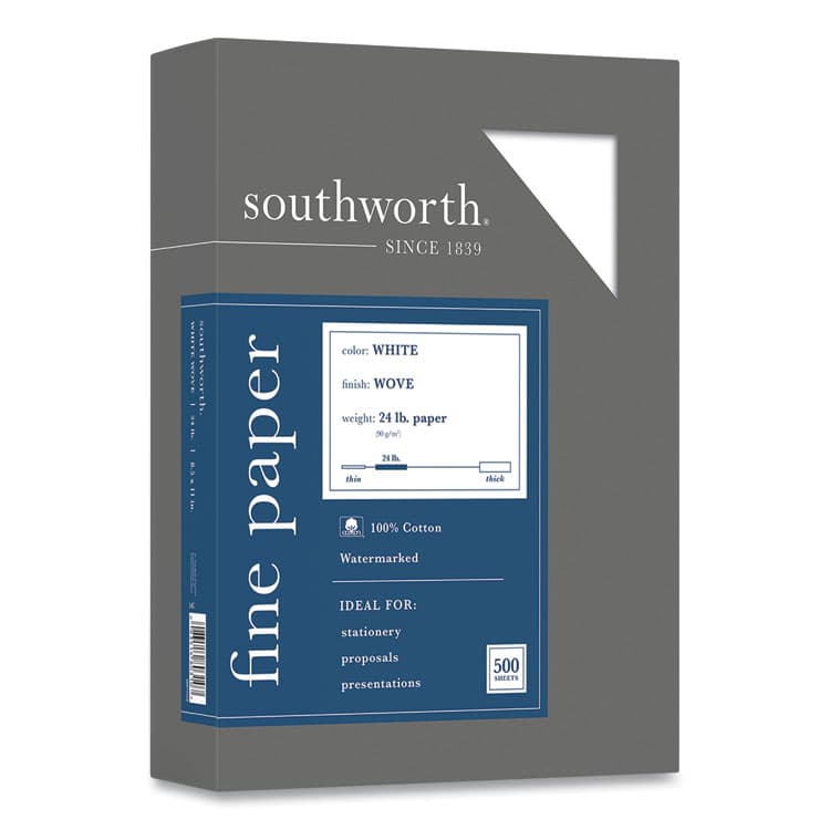 SOUTHWORTH CO. 100% Cotton Business Paper, 95 Bright, 24 lb Bond Weight, 8.5 x 11, White, 500/Box (SOU14C)