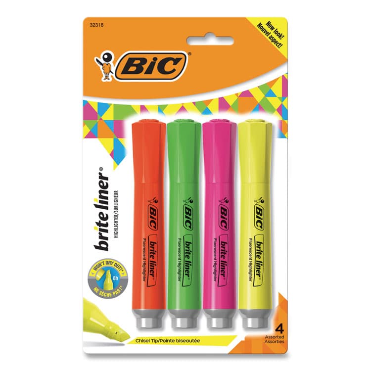 BIC CORP. Brite Liner Tank-Style Highlighter, Assorted Ink Colors, Chisel Tip, Assorted Barrel Colors, 4/Set (BICBLMGP41ASST)