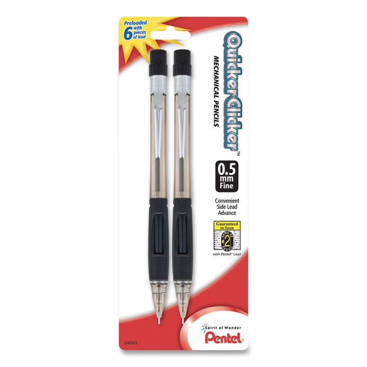 PENTEL OF AMERICA Quicker Clicker Mechanical Pencil, 0.5 mm, HB (#2), Black Lead, Smoke/Black Barrel, 2/Pack (PENPD345BP2K6)