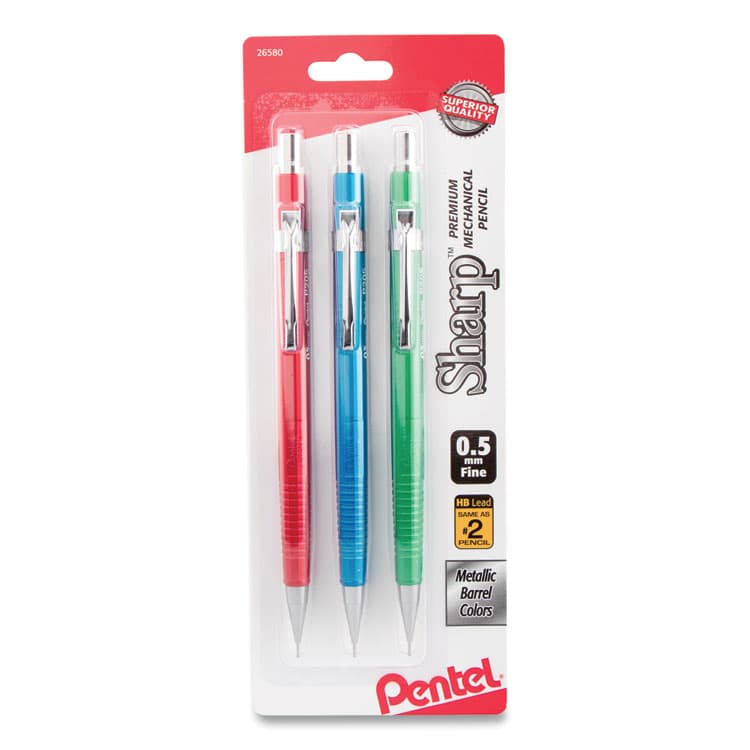 PENTEL OF AMERICA Sharp Mechanical Pencil, 0.5 mm, HB (#2), Black Lead, Assorted Barrel Colors, 3/Pack (PENP205MBP3M1)